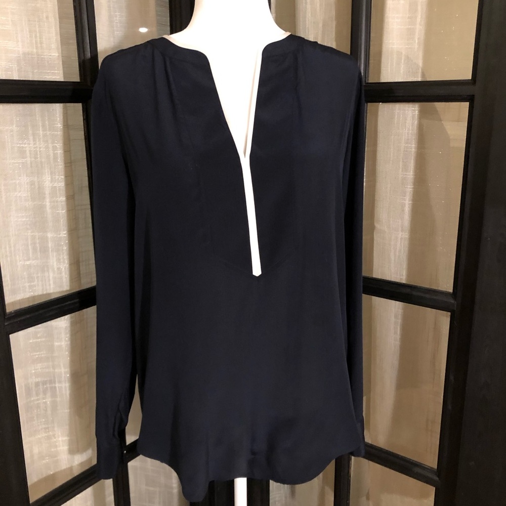 Ann Taylor navy silk tunic with ivory trim size M
